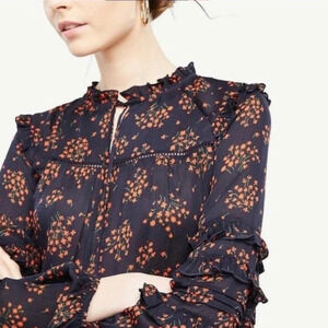 Ann Taylor Navy Ruffled Blouse with Orange Floral Print